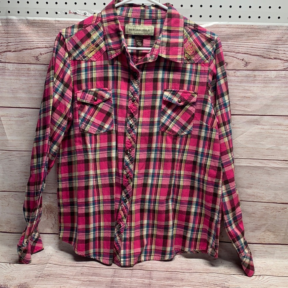 Bit & Bridle Flannel Shirt. Pink. With horses embroidered on top.